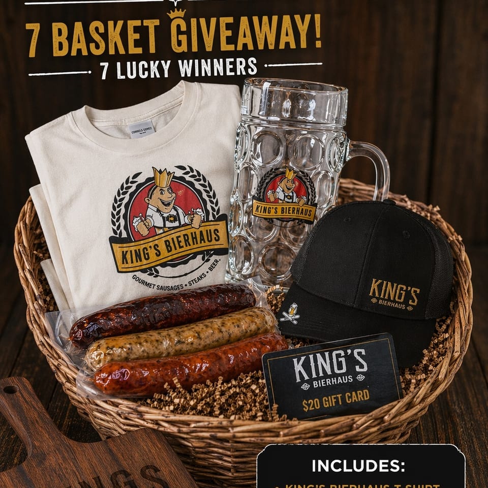 King's Bierhaus gift basket with sausages, t-shirt, hat, gift card, and beer stein.