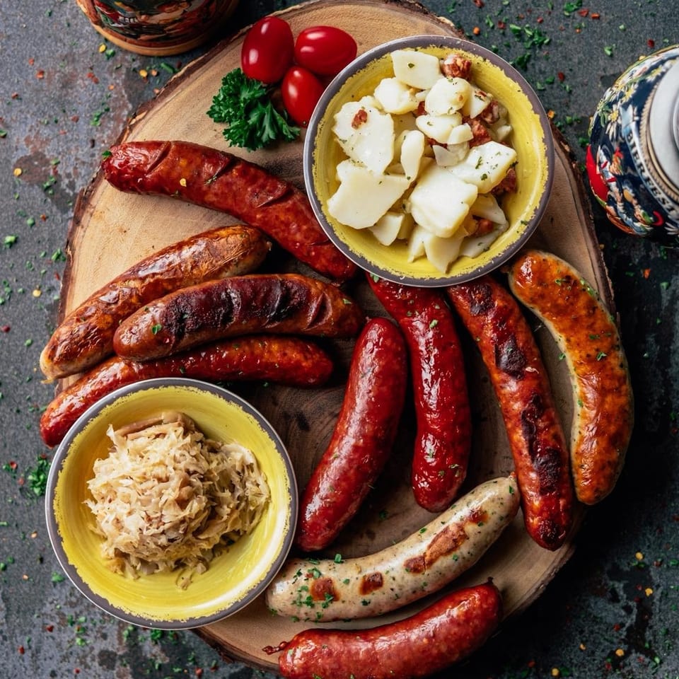 Assorted grilled sausages with sauerkraut and potato salad on a wooden board.