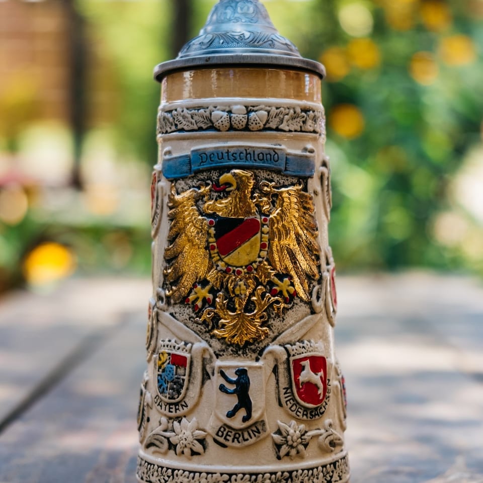 Ornate German beer stein with a golden eagle crest and various city emblems on a wooden table.