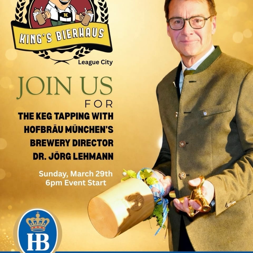 Promotional poster for a Hofbräu München keg tapping event with Dr. Jörg Lehmann at King's Bierhaus.