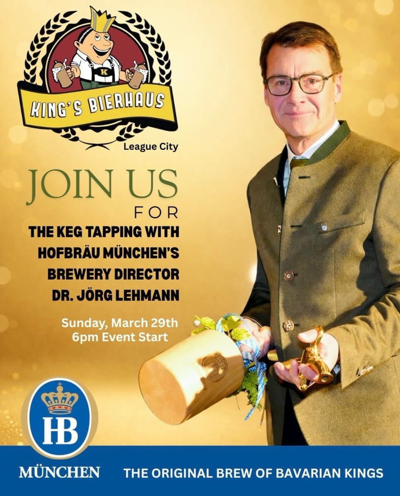 Promotional poster for a Hofbräu München keg tapping event with Dr. Jörg Lehmann at King's Bierhaus.